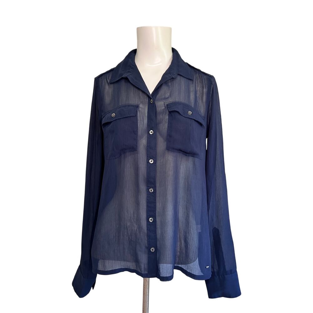 Abercrombie & Fitch Sheer Sx XS Crinkle Navy Blouse Oversized Lightweight